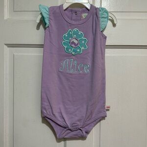 “Alice” Monogrammed Outfit Flower Purple Blue Embroidered Ruffle 12-18 Months